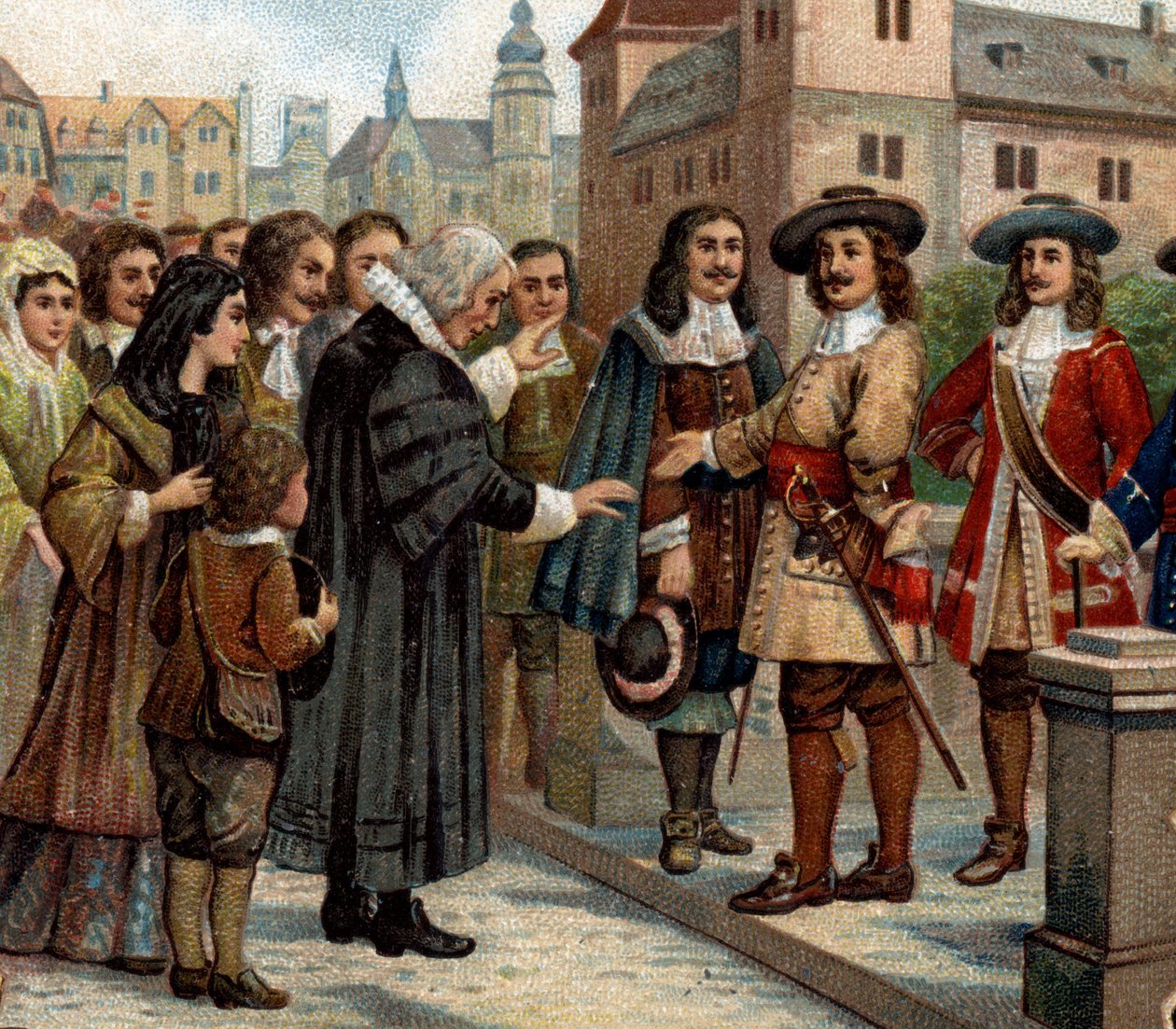 Historické epizody slavných měst: Velký kurfiřt, Fridrich Vilém I. Braniborský (1620-1688), přijal francouzské emigranty v Berlíně (1685). Přivítal francouzské protestanty, kteří po zrušení Nantes Edit opustili Francii. Tento od Unknown artist