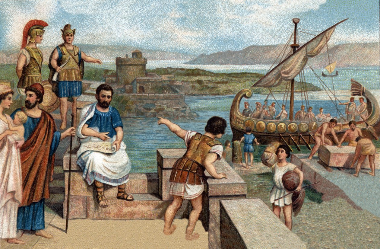 Historické epizody slavných měst: Megarejci (lidé z Megar, řecké město Attika) založili Byzanc (667 př. n. l.) na západním břehu Cimmerského Bosporu, kde stála thrácká pevnost Byzas. Chromolitografie 19. století. od Unknown artist