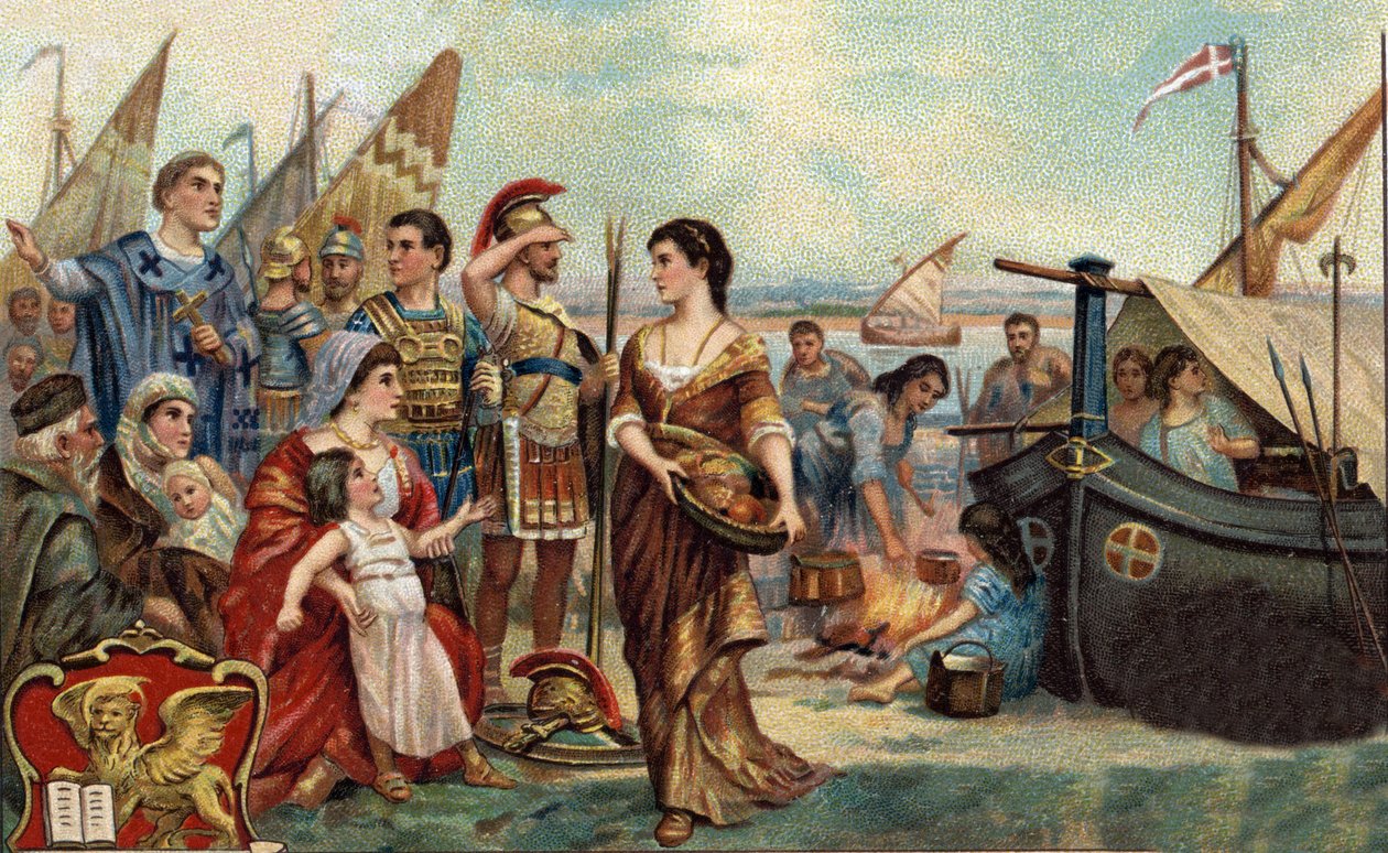 Historické epizody slavných měst: Venetes loveni Huny okupují laguny (v roce 452). Je to základ Benátek - Invaze barbarů - Chromolitografie 19. století. od Unknown artist