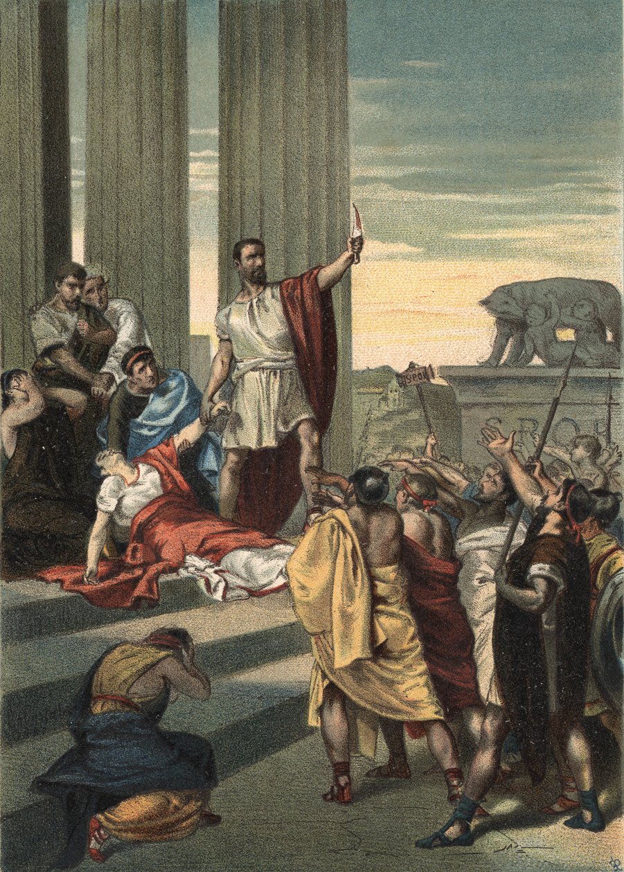 Historie starověkého Říma: Lucrece, Brutus a Collatinus. Lucrece (Lucrezia, Lucretia, římská dáma) se stala obětí násilí ze strany jeho bratrance Sexta Tarquina, syna Tarquina Superba. Lucrece poslala pro svého otce a manžela (Collatinus) a dorazila s od Unknown artist