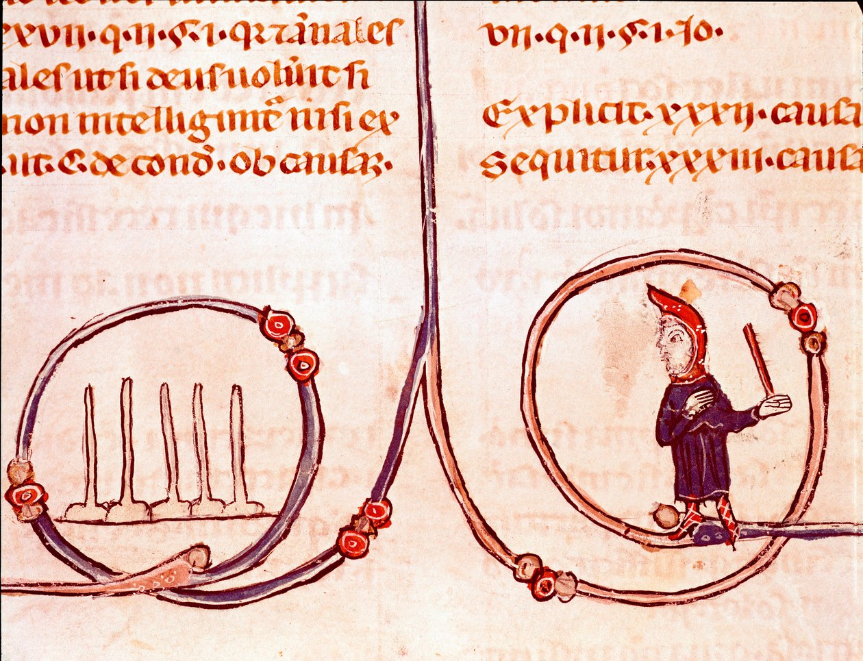 Historie kanonického práva: „Hra bowlingu“““ Miniatura převzatá z „“ Decret de Gratien““ („Concordia discordantium canonum“ nebo „Decretum Gratiani“) pocházející z roku 1140 a upravující zákony a kánony římskokatolické církve . Laon 13. století, od Unknown artist