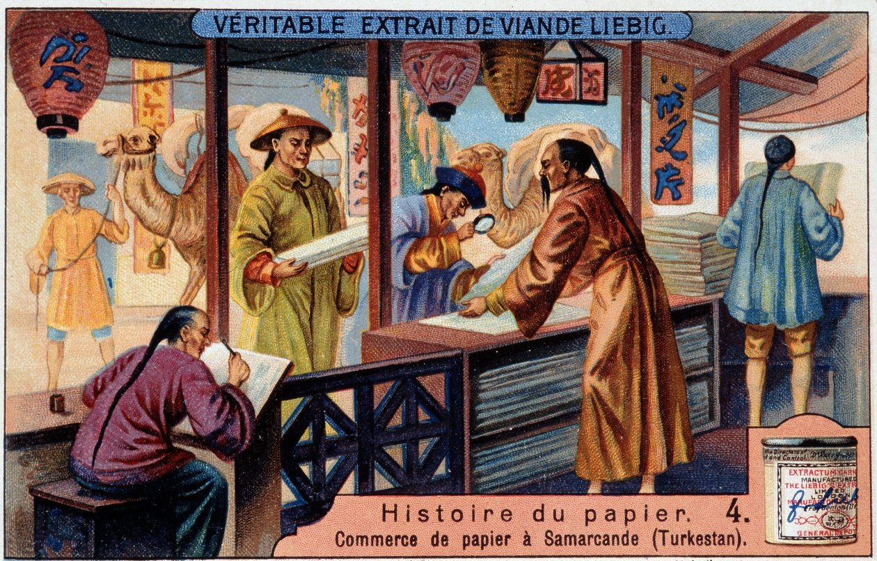 Historie papíru. 4. Obchod s papírem v Samarkandu (= Samarkand) (Turkestan). Liebigova chromolitografie od Unknown artist