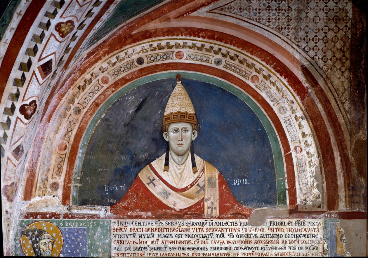 Historie svatého Františka z Assisi: zobrazení papeže Innocenza III., zobrazující bublinu, která potvrzuje františkánskou vládu v roce 1210 (freska) od Unknown artist