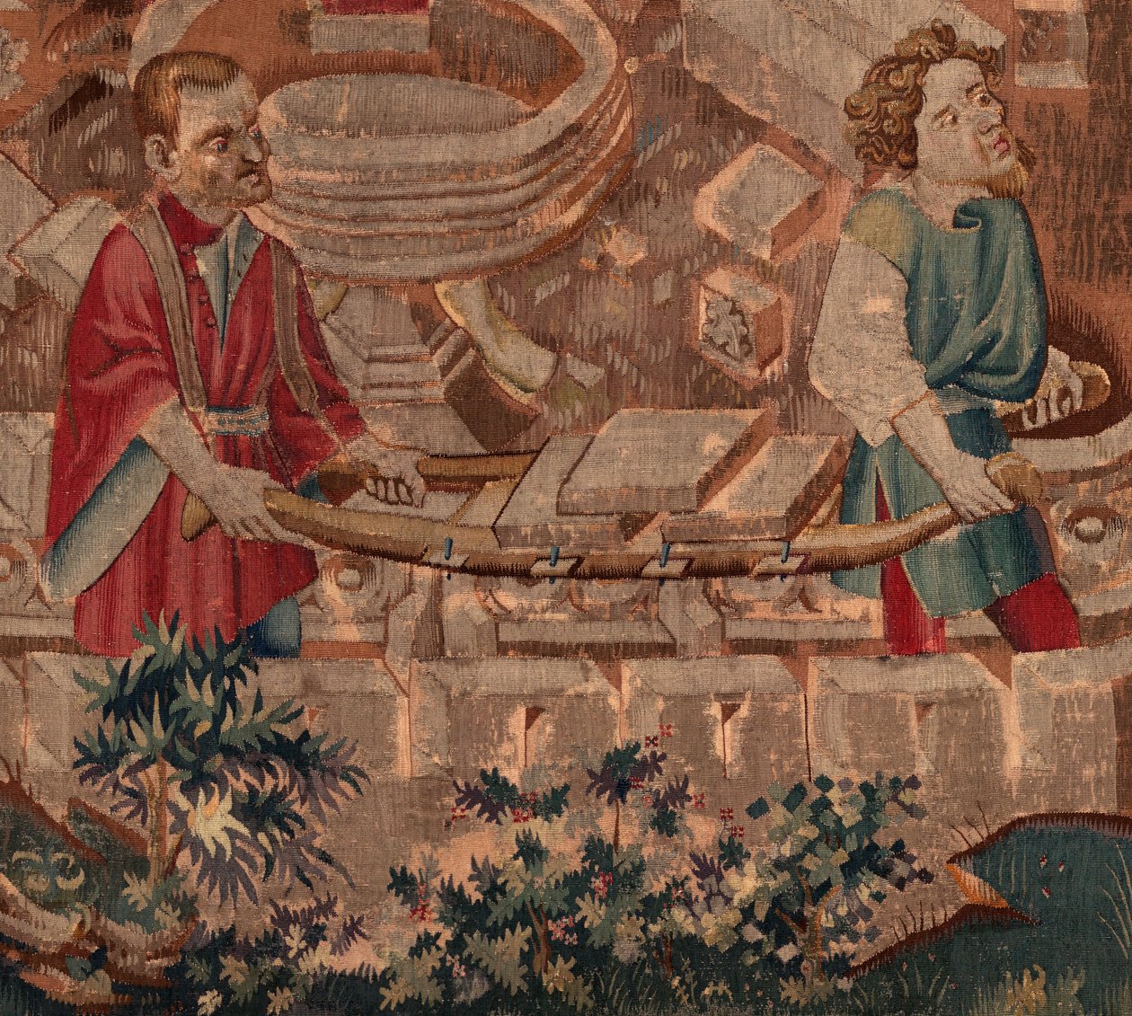 Historie Saint Piat a Saint Eleuthère, scéna 5 detail. Nižší část. Zedníci převážející kameny. od Unknown artist