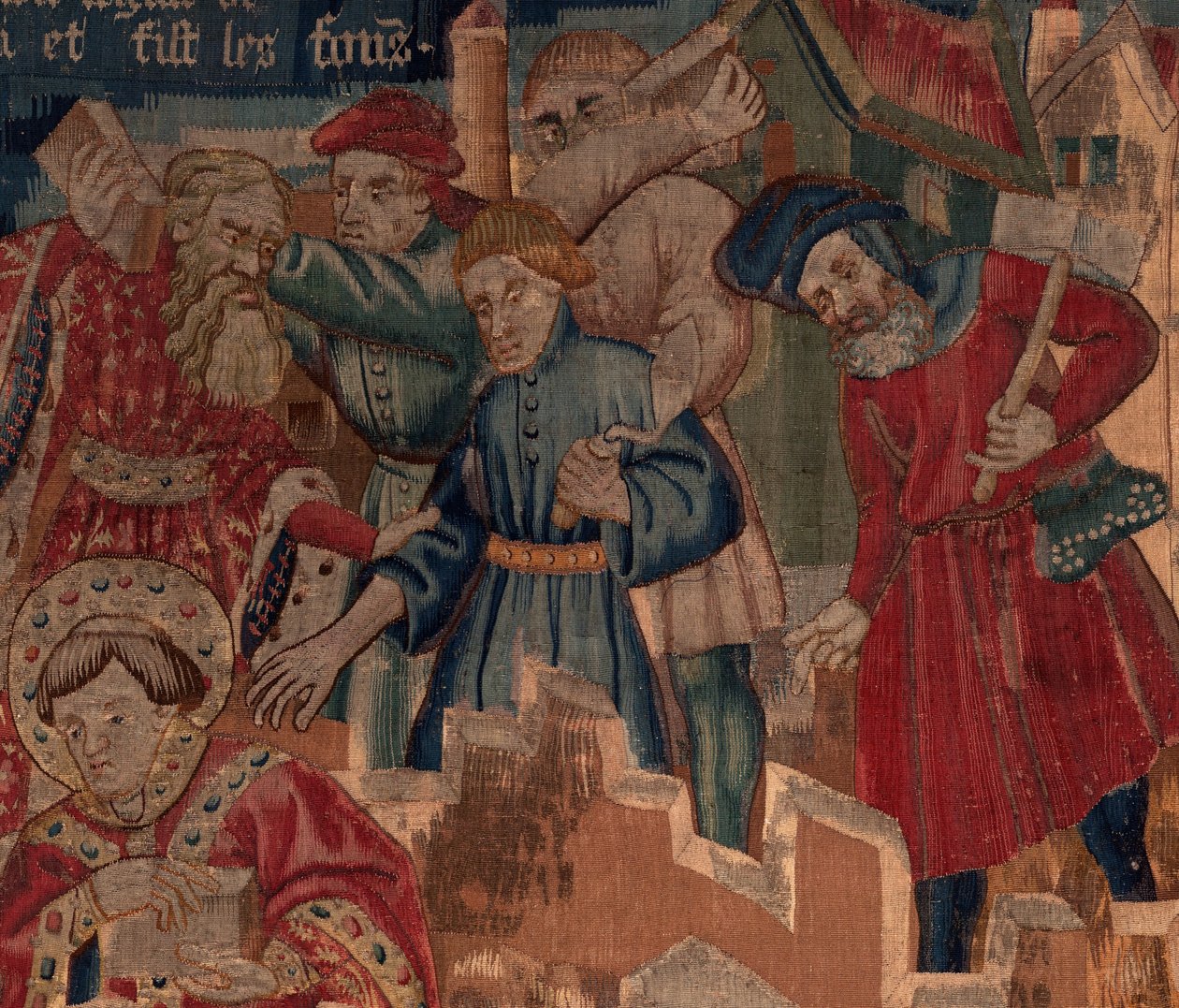 Historie Saint Piat a Saint Eleuthère, scéna 5 detail. Horní část vpravo. Zedníci. od Unknown artist