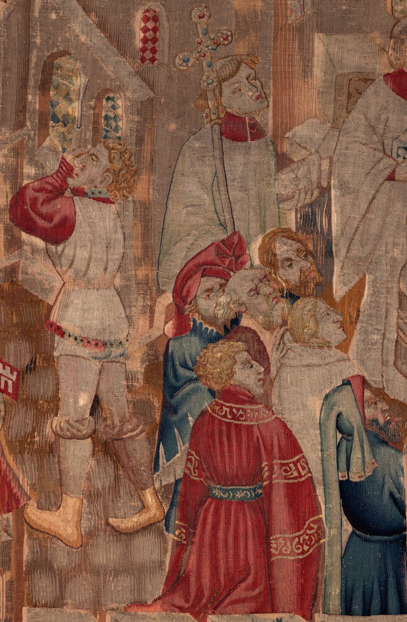 Historie Saint Piat a Saint Eleuthère, scéna 6 Detail uprostřed. Scéna křtu, lidé pomáhající. od Unknown artist