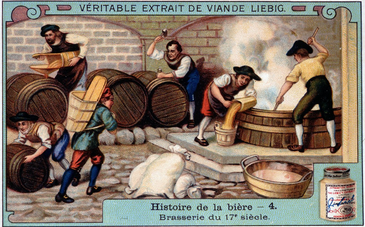 Historie piva: pivovar v 18. století - reklamní nálepka Liebig od Unknown artist