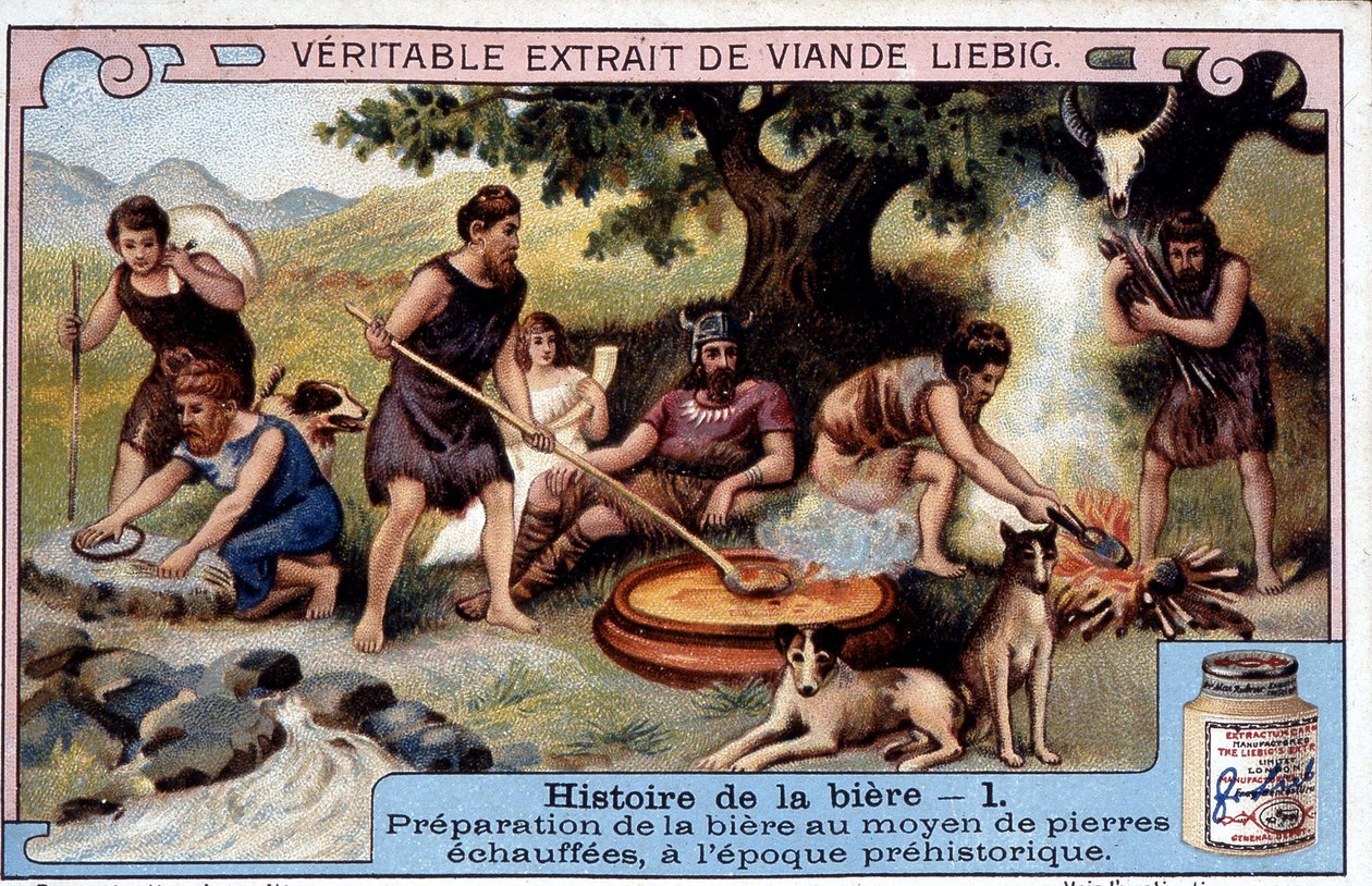 Historie piva: příprava piva teplými kameny v pravěku - reklamní nálepka Liébig¿ od Unknown artist