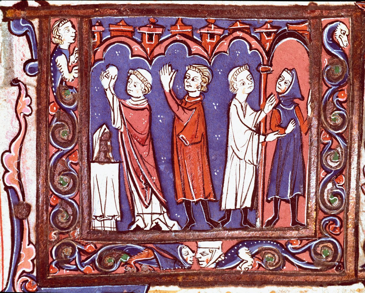 Historie kanonického práva: “” scéna přijímání (vlevo) a exkomunikace (vpravo)”” Miniatura převzatá z “” Decretales”” od Giovanni d