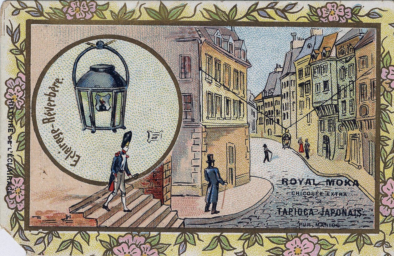 Historie osvětlení: Osvětlení pouličních lamp. Chromolitografie obalující chicoree Royal Moka. od Unknown artist