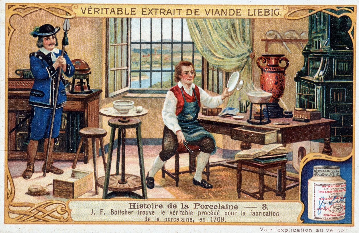 Historie porcelánu: Johann Friedrich Bottger (Bottcher nebo Bottiger) (1682-1719) našel skutečnou metodu výroby porcelánu v roce 1709 - Liebigova chromolitografie od Unknown artist