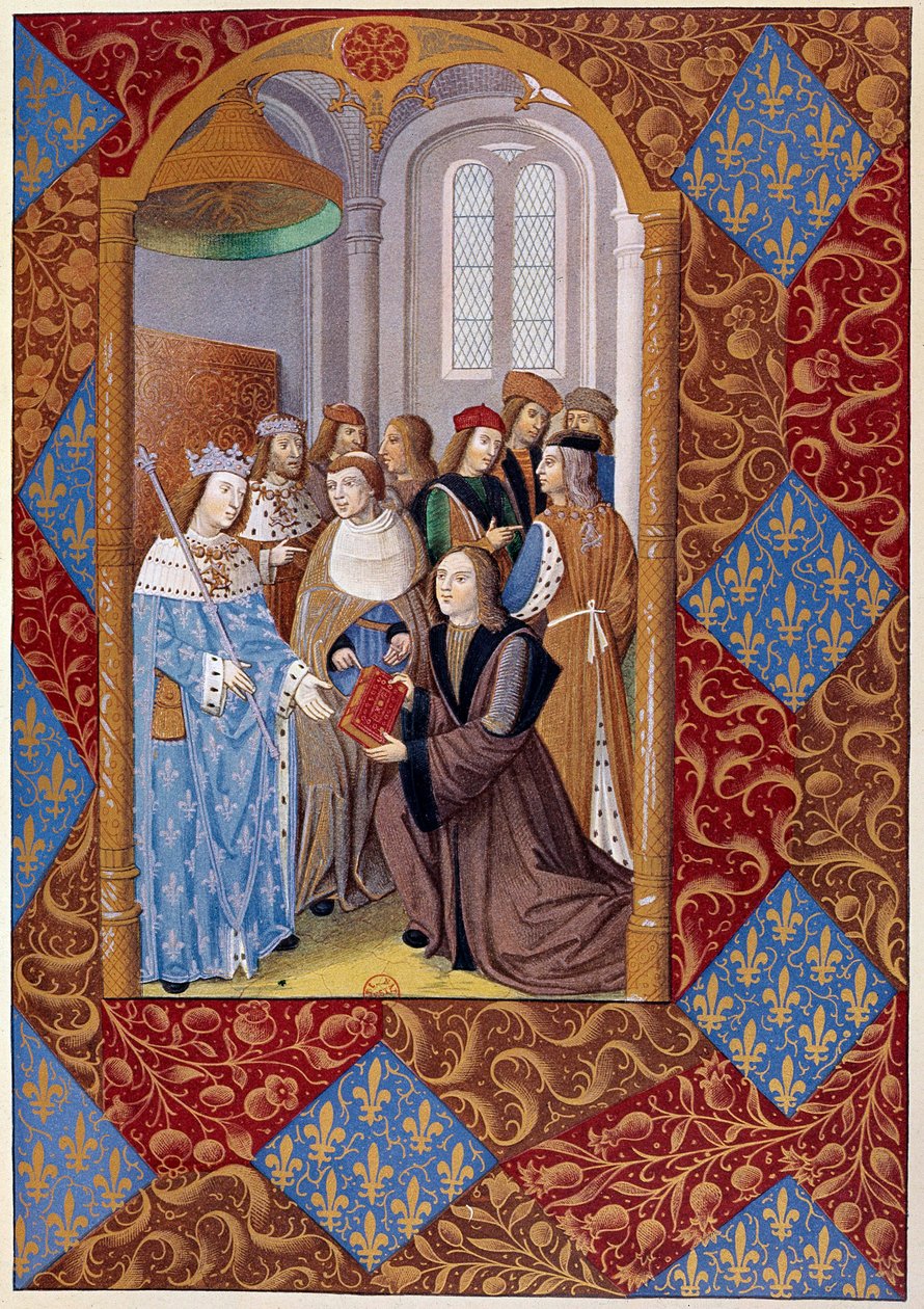 Historie tisku: nakladatel Antoine Verard (? -1513) představuje svou knihu králi Karlu VIII. Z rukopisu z roku 1494 od Unknown artist