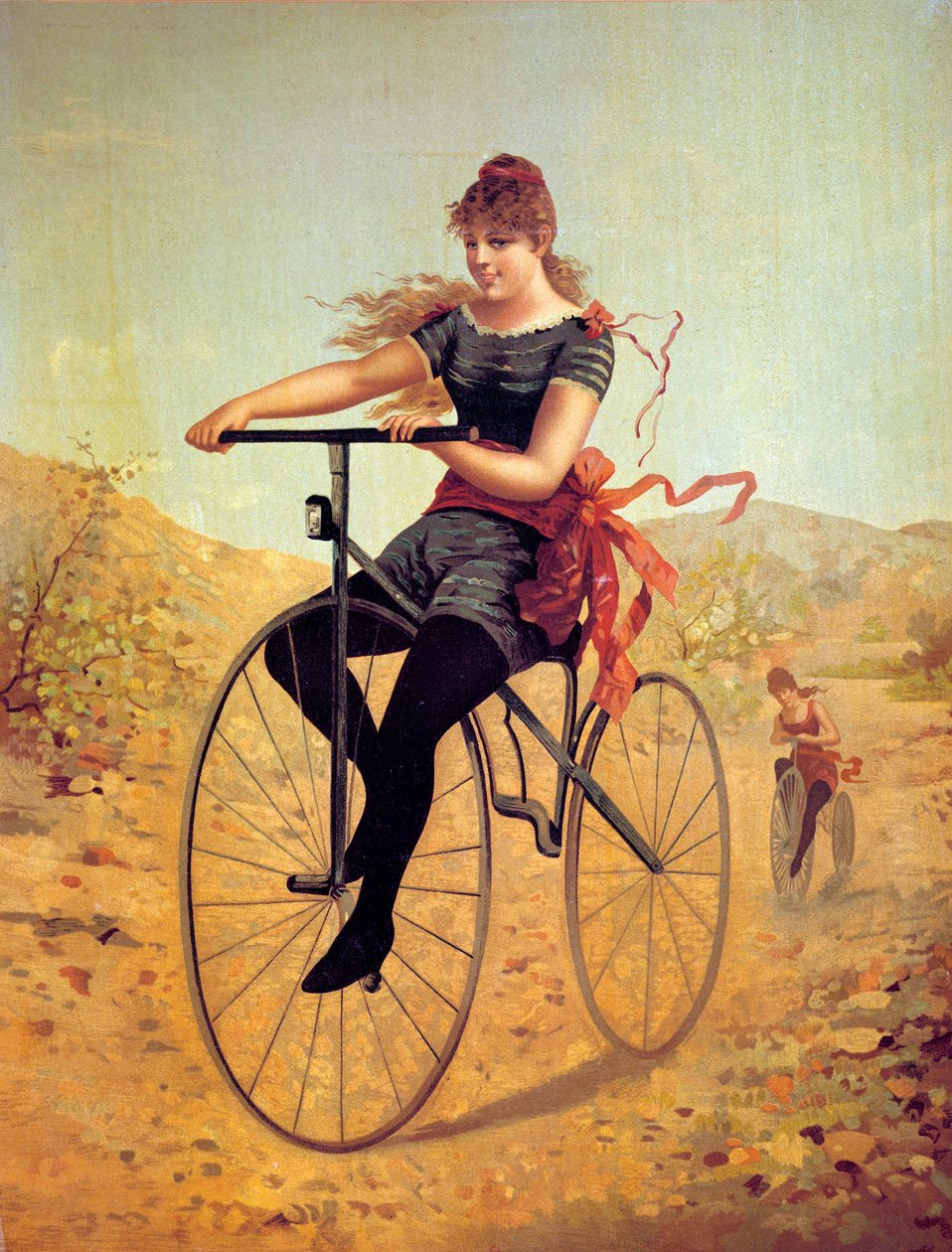 Historie kola: velocipedista nebo žena šlapou na kole. Tisky 19. století od Unknown artist