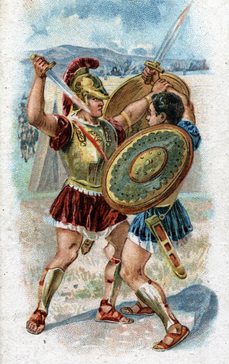 Historie života Achilla, legendárních hrdinů trojské války: Achilles bojující s Hektorem, aby pomstil smrt Patroklesa. Chromolitografie z roku 1890. od Unknown artist