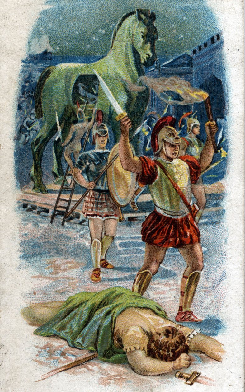 Historie života Achilla, legendárních hrdinů Trojské války: Dobytí Tróje. Achilles před městem díky koni. Chromolitografie z roku 1890. od Unknown artist