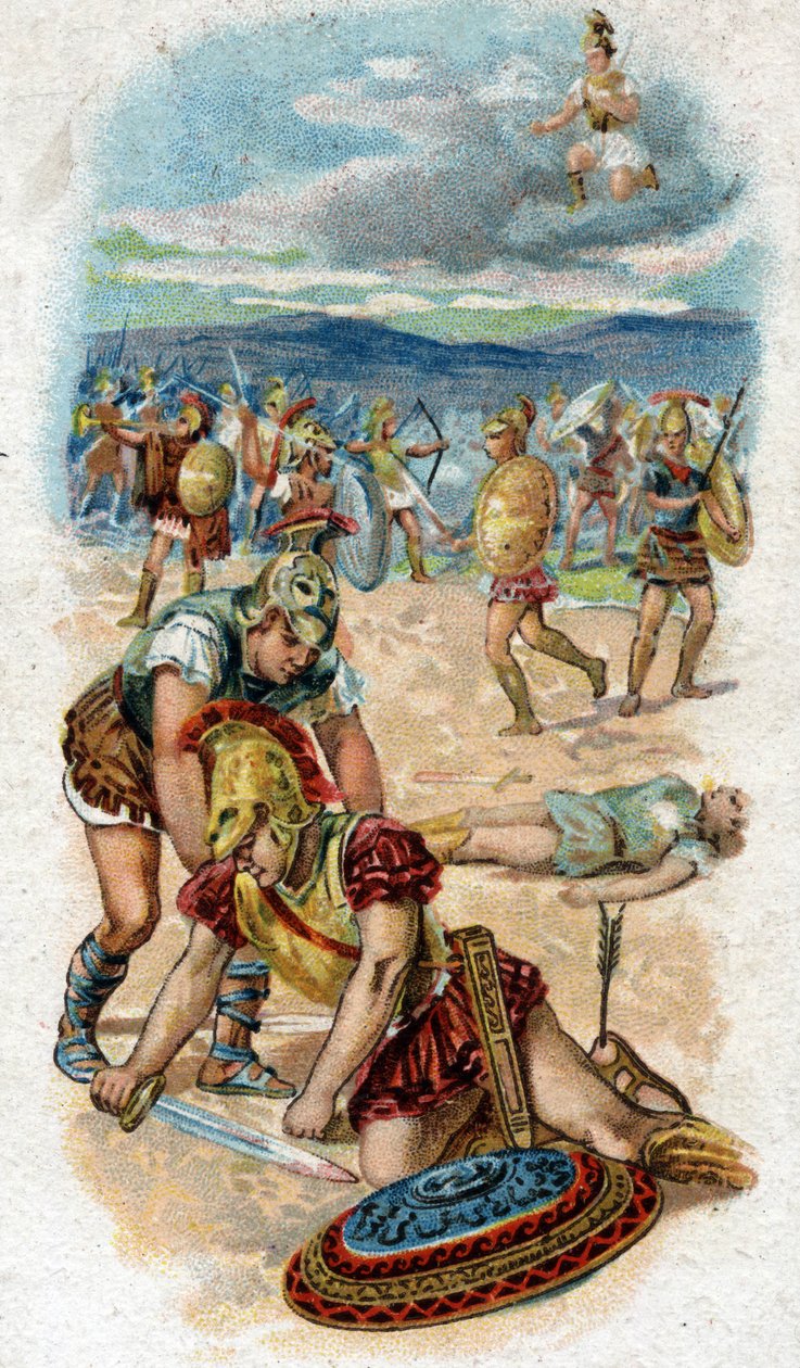 Historie života Achilla, legendárních hrdinů trojské války: smrt Achilla, na úpatí hradeb Tróje, pata, jeho slabé místo, probodne šíp vytažený Paříží. Chromolitografie z roku 1890. od Unknown artist