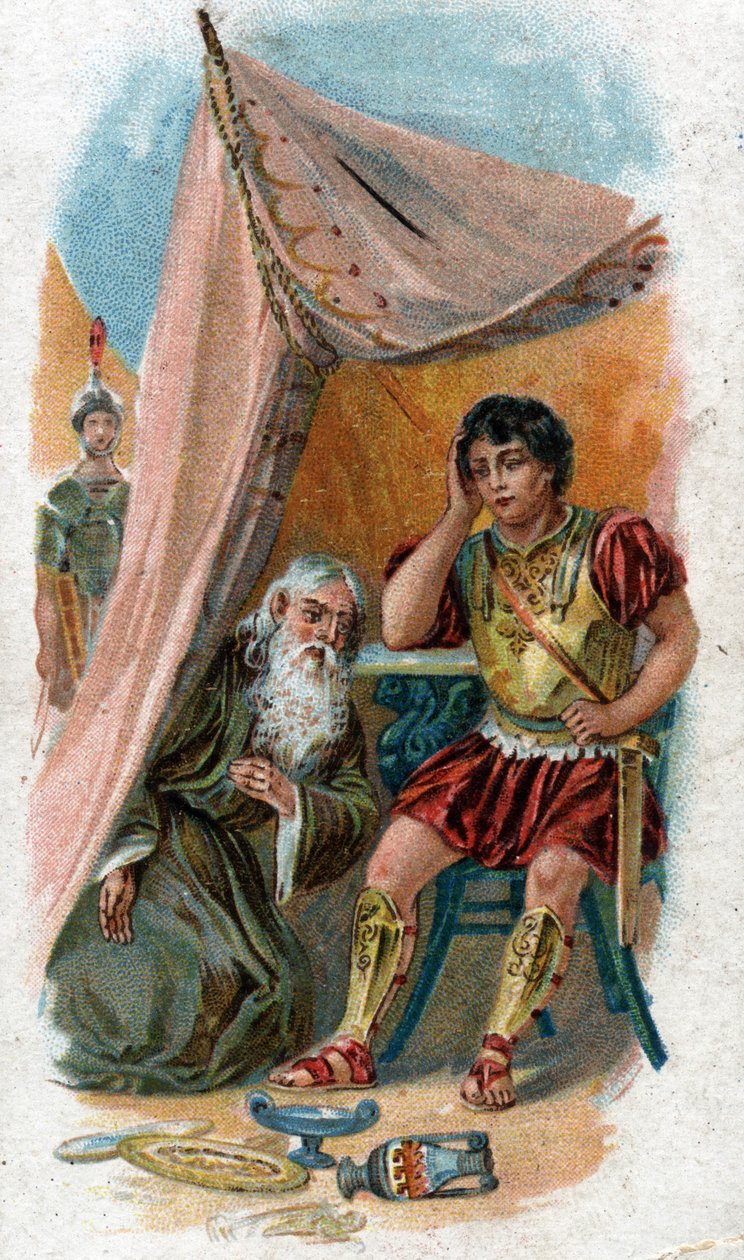 Historie života Achilla, legendárních hrdinů trojské války: starý moudrý muž Nestor přesvědčí Patroklesa, Achillova přítele, aby ho nahradil v boji s městem Trója. Chromolitografie z roku 1890. od Unknown artist