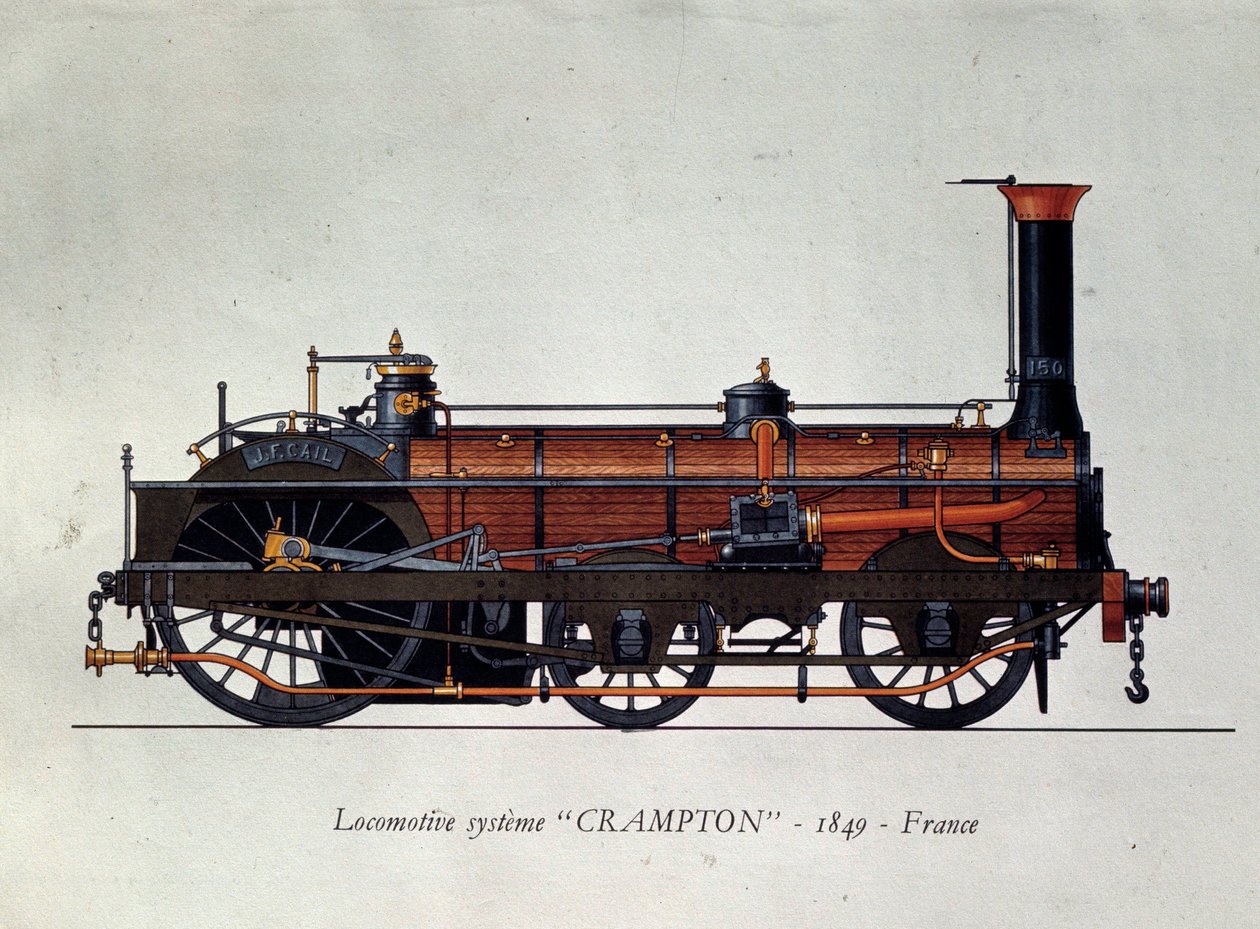 Historie dopravy: model lokomotivy, systém Crampton pojmenovaný podle Thomase Russella Cramptona (1816-1888), britského inženýra: vytvořil vysokorychlostní lokomotivu. Rytina z roku 1849 Paříž, dekorativní umění od Unknown artist