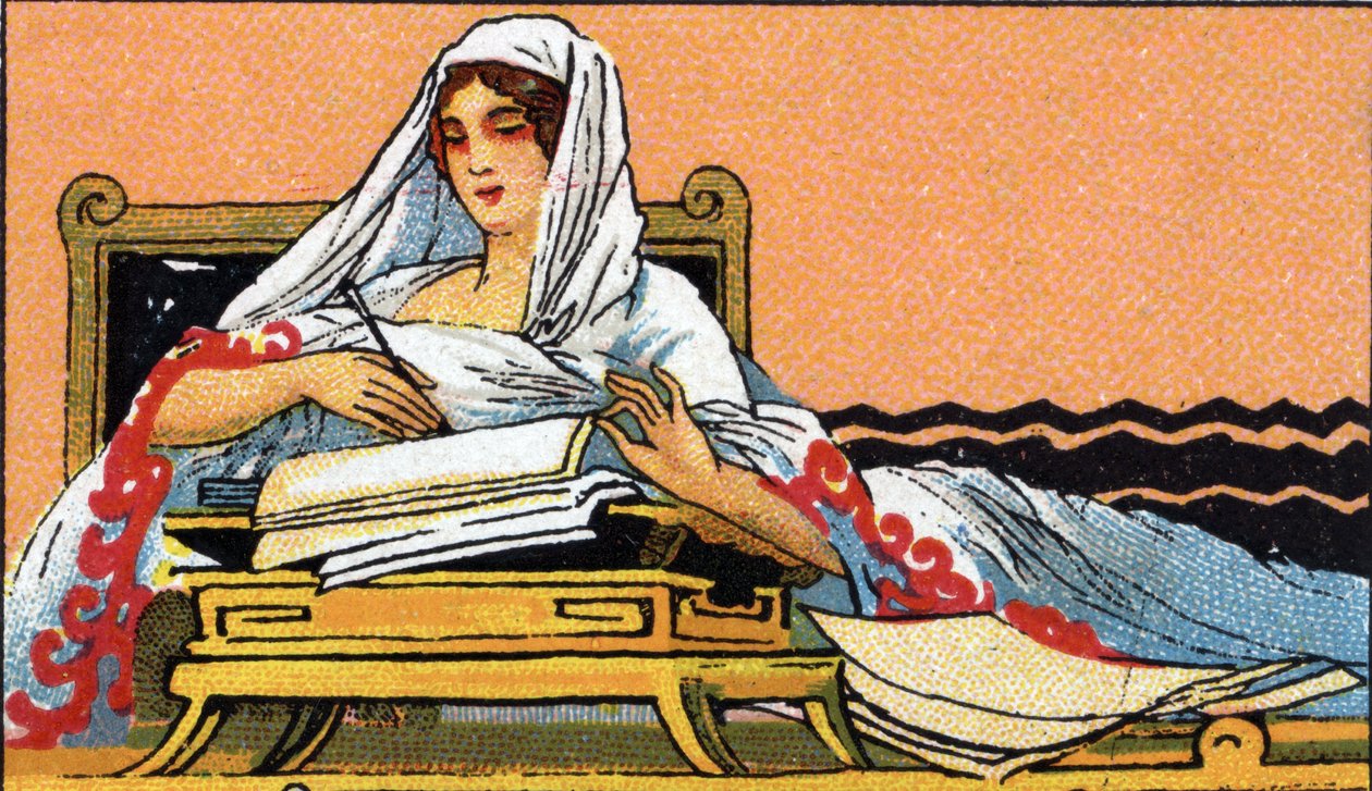 Dějiny psaní: mladá žena píše latinkou do sešitu, začátek 20. století (chromo) od Unknown Artist