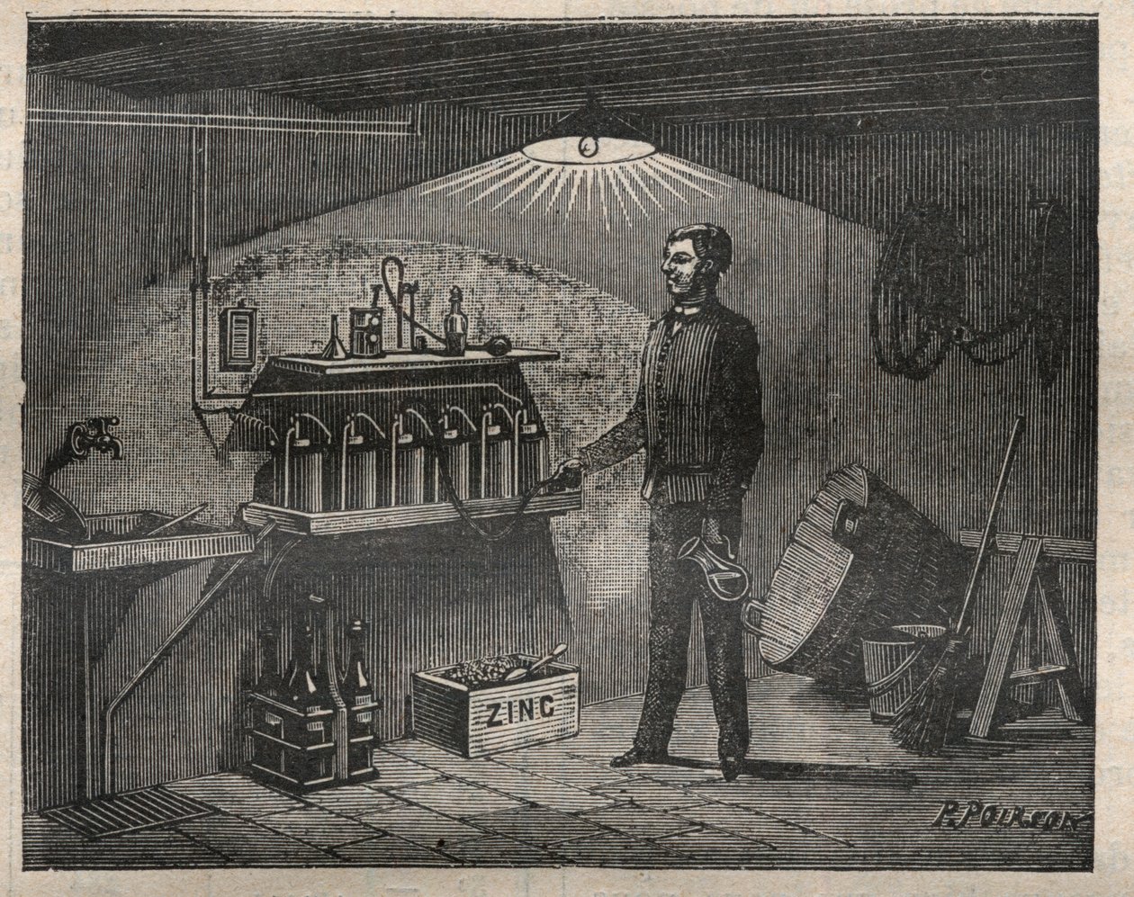 Domácí elektřina: Instalace baterie vynalezené Radiguetem ve sklepě - rytina v „La Science francaise“ od Unknown artist