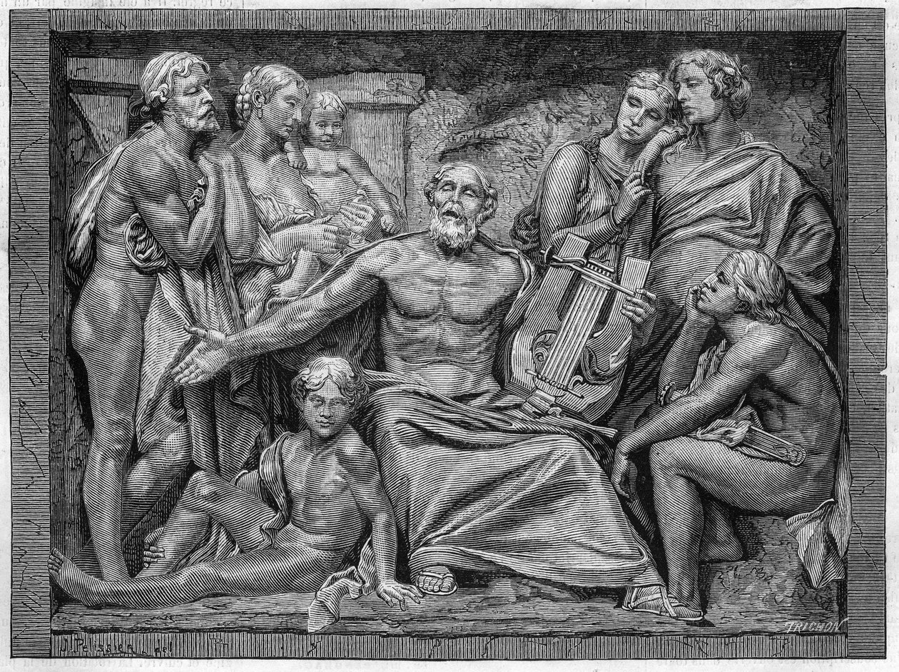 Homere zpívá se svou lyrou ve městě v Ionii. Rytina podle nízkého reliéfu pana Huguese, velká sochařská cena školní soutěže z roku 1875. od Unknown artist