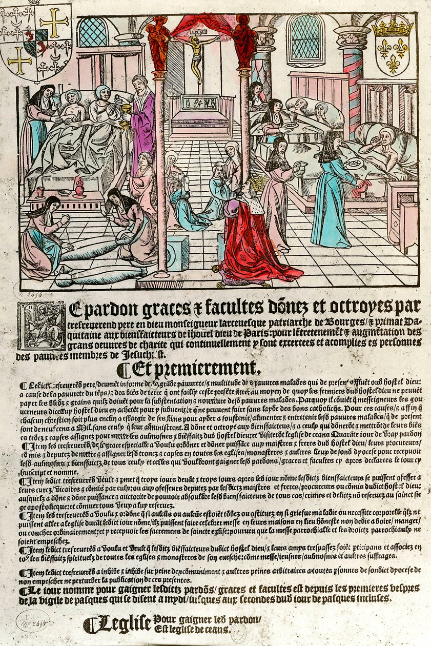Špitál v 16. století: Odpustkový list (vpravo: scéna z nemocnice. Agauche: umírající a mrtví). Rytina 16. století. Soukromá sbírka. od Unknown artist
