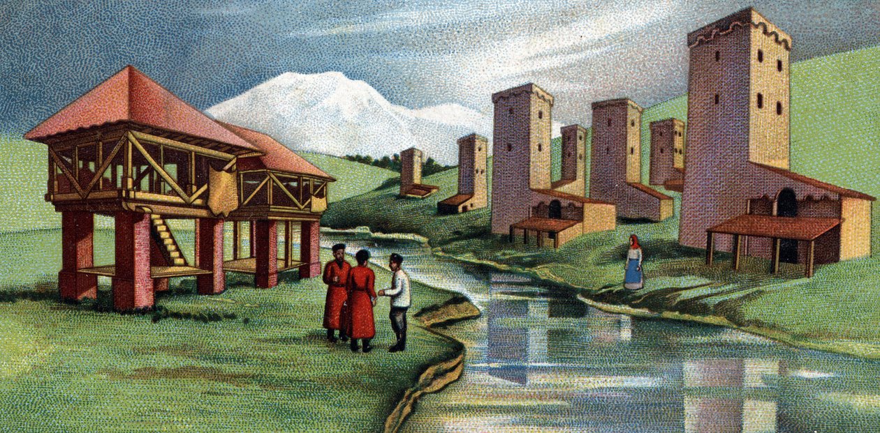 Houses with fortified towers, Western Caucasus, Sovietique Union (USSR) (Domy s opevněnými věžemi, Západní Kavkaz, Sovětský svaz) 1930 chromolitografie Soukromá sbírka od Unknown Artist