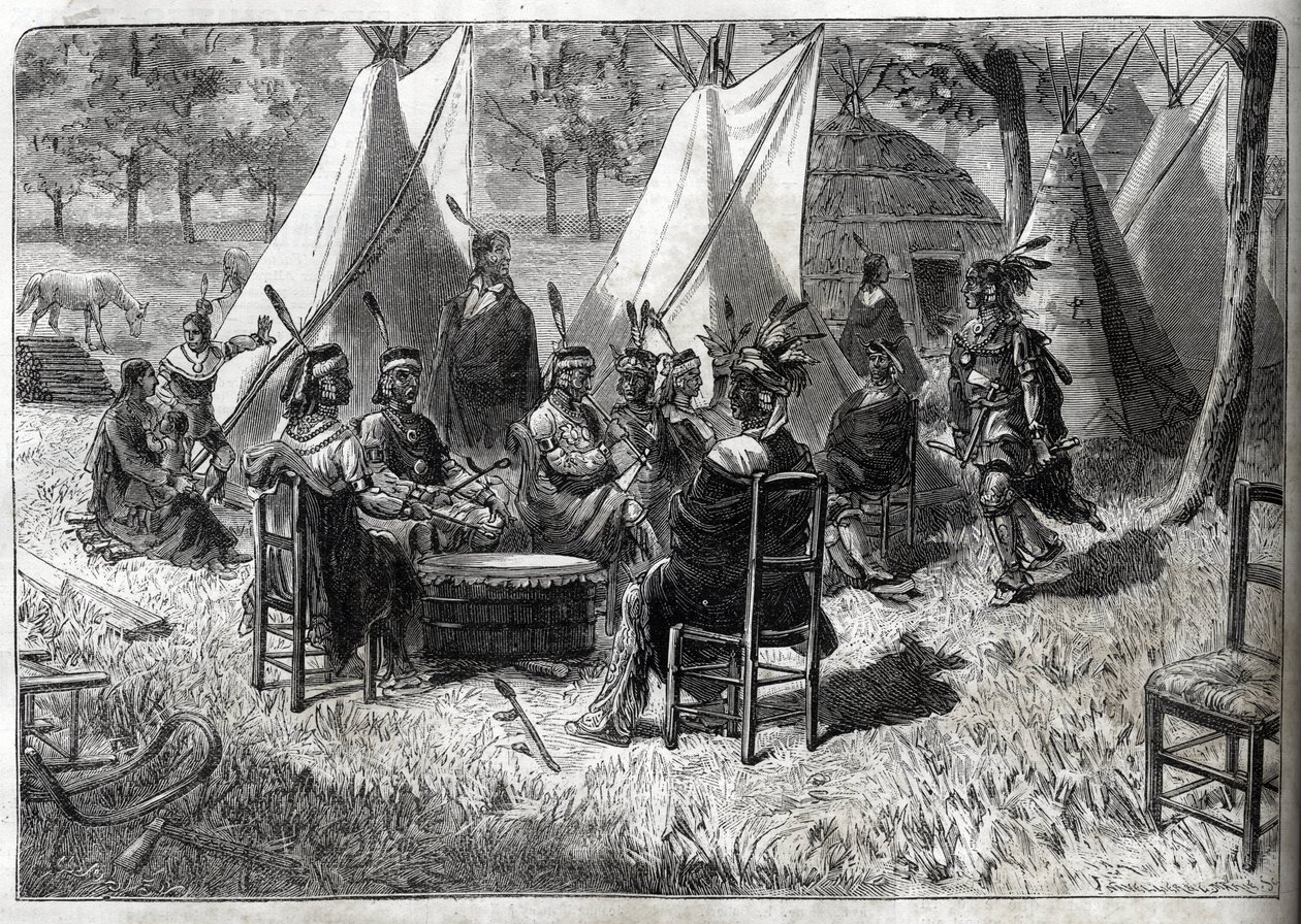 Lidské zoologické zahrady - Lidská zoologická zahrada - Etnologické výstavy - Indiáni Mohas v zahradě aklimatizace (Illustrious Diary of 1883) - Patnáct indiánů z Nebrasky od Unknown artist