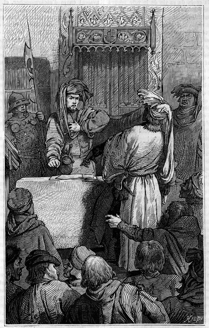 Stoletá válka - La Jacquerie (1358): obchodník Etienne Marcel (1315-1358) a echevin Jean Maillart, jeden z vůdců royalistické strany, během Jacquerie, vzpoury rolníků proti francouzské šlechtě. Rytina v „Le journal od Unknown artist
