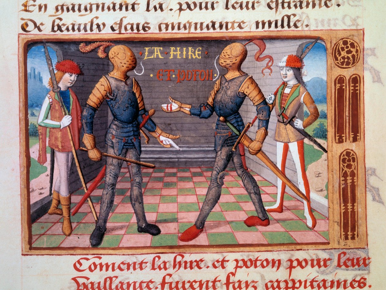Stoletá válka: „Etienne de Vignoles nebo Vignolles dit La Hire (Lahire) (1390–1443) a Jean Poton, pán Xaintrailles (nebo Saintrailles) (v. 1400 až 1461), společníci Johanky z Arku, se stali kapitány “” Iluminovaná miniatura z rukopisu “” Vig od Unknown artist