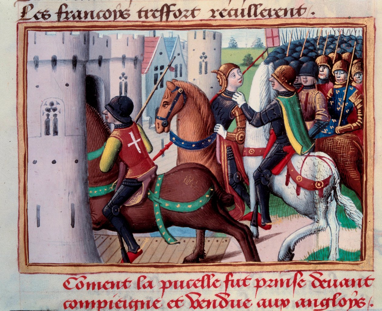 Stoletá válka: Johanka z Arku (1412-1431) vězeň před Compiegne 24. května 1429. Miniatura z rukopisu „“Vigilles du roi Charles VII”” od Martiala d