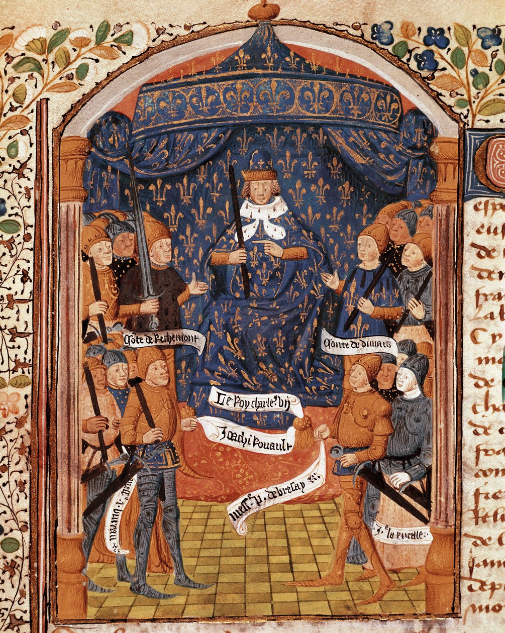 Stoletá válka: „Král Karel VII. obklopuje vysoké hodnostáře a Johanku z Arku“ obrázek z rukopisu „Vigiles of King Charles VII“ v kronikách Jeana Chartiera od Unknown artist