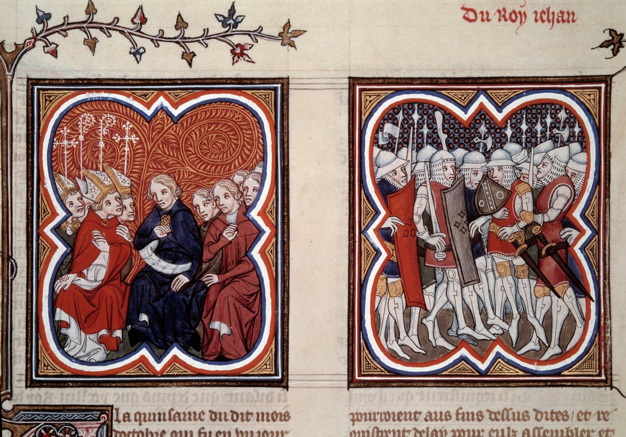 Stoletá válka: „Vlevo budoucí delfín Karel V. moudrý (1338-1380) (v této době regent) a radní generálních stavů nařídili po bitvě u Poitiers v roce 1356 osvobození jeho otce Jana II. byl obklopen Etienem od Unknown artist