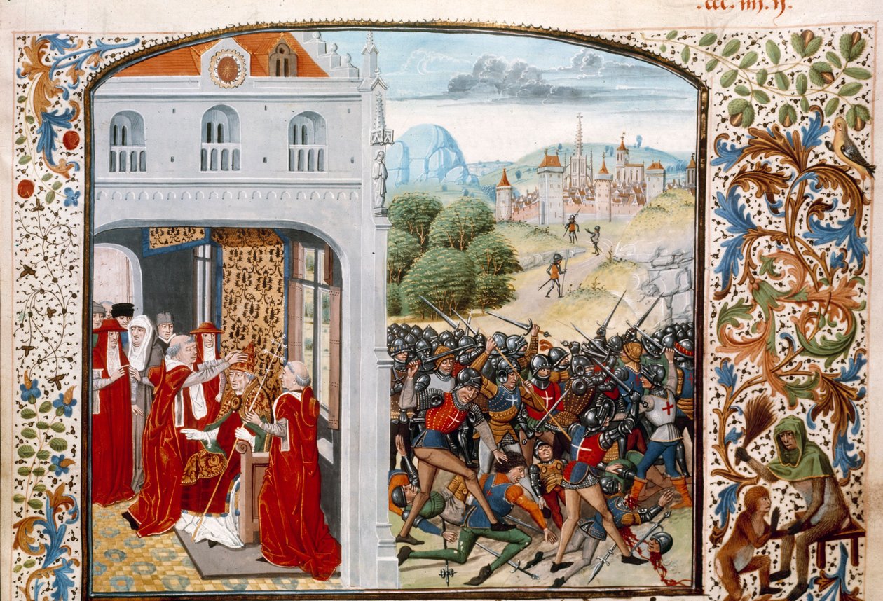 Stoletá válka: „“ Papež Gregoire XI (1329-1378) korunoval Avignon v roce 1370. Bitva o Pontvallain mezi Francouzi a Angličany 4/12/1370““ Miniatura z „Kroniky““ od Jeana Froissarta (1337-1400) Paříž 15. století. B.N. od Unknown artist