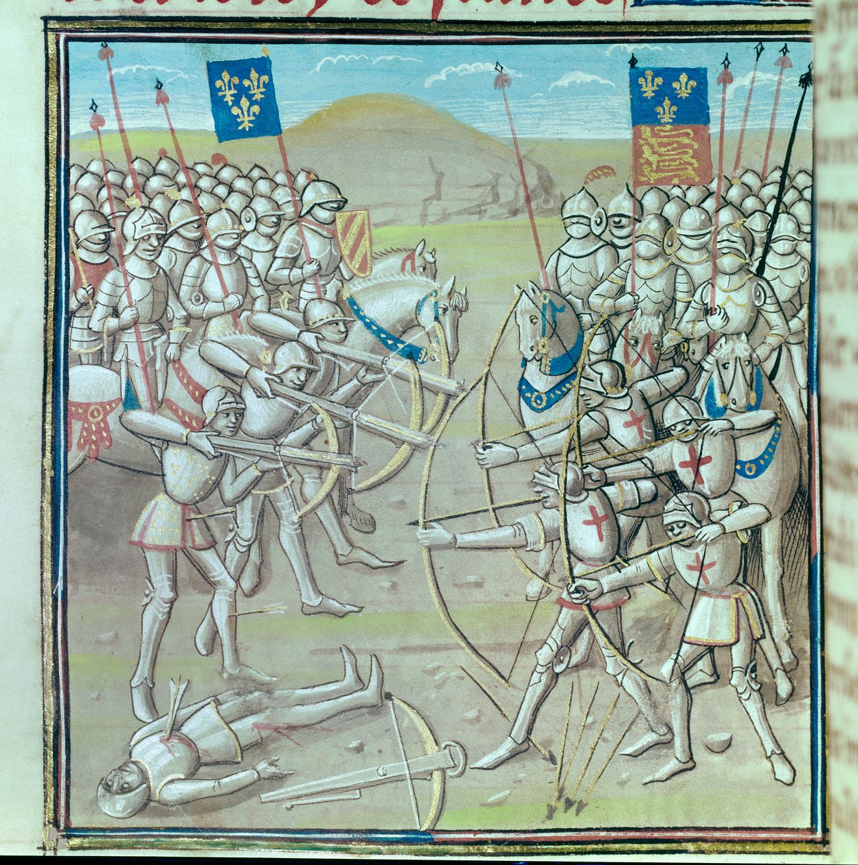 Stoletá válka: Bitva o Crecy dne 26.08.1346 mezi Francouzi a Angličany. Miniatura z rukopisu ze 14. století Paříž, Bibliotheque de l