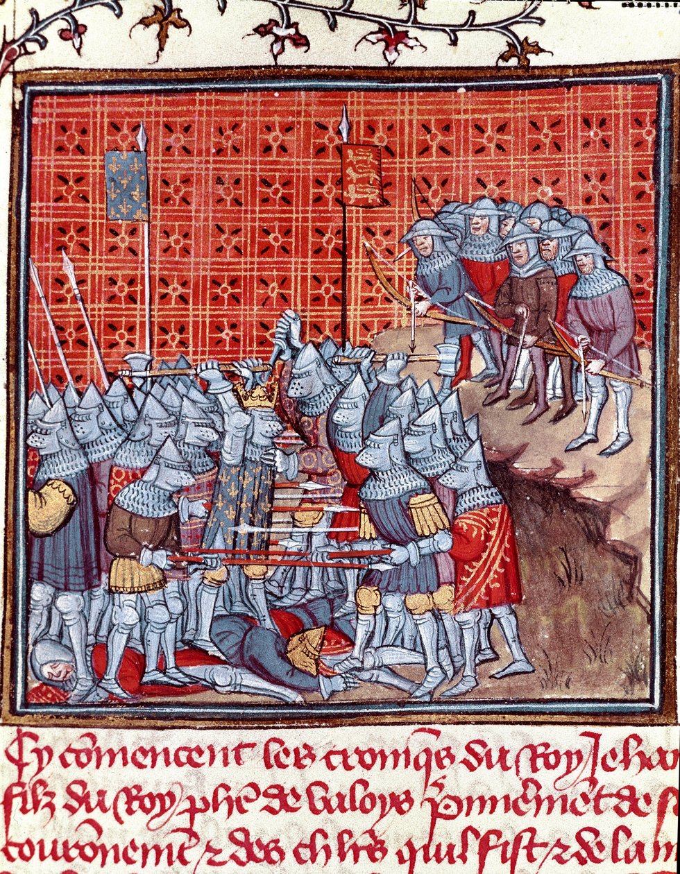 Stoletá válka: „“ francouzský král Jan II. Dobrý (1319-1364) během bitvy“““ Miniatura převzatá z „“Les grandes Chronicles de France“““ od Jeana Froissarta (1337-1400) Chantilly ze 14. století , Musee Conde od Unknown artist