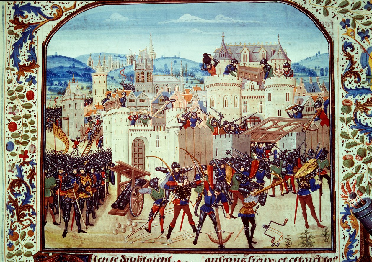 Stoletá válka: taška města Aubenton v Pikardii od hraběte Jeana de Hainaut v roce 1340. Miniatura z „Kroniky“ od Jeana Froissarta (1337-1400) Paříž. B.N. od Unknown artist