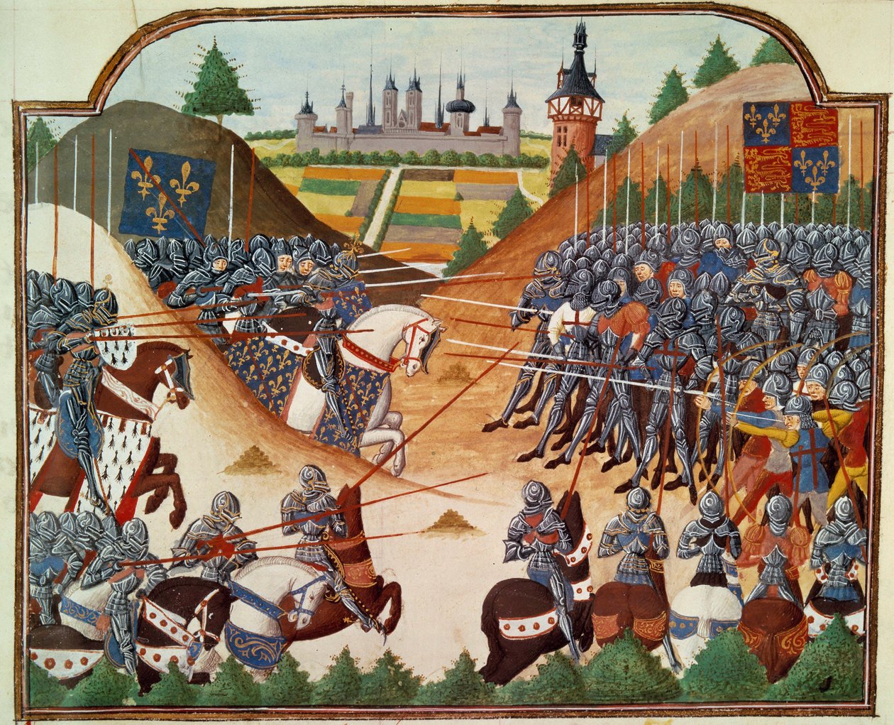 Stoletá válka: bitva u Formigny (Calvados) 15. 4. 1450 mezi anglickou armádou Thomase Kyriella a Jeana de Clermonta. Miniatura iluminovaná z rukopisu „Vigiles du roi Charles VII““ v kronikách Jeana Chartiera, editoval Mar od Unknown artist