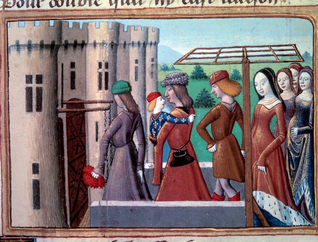 Stoletá válka: delfín a budoucí král Karel VII. se vrací do Paříže poté, co uprchl do Bourges v době občanské války mezi Armagnaky a Burgundy dne 29. 5. 1418, června 1418. Miniatura z „“ Vigilles du roi Charles VII “” od Martial d