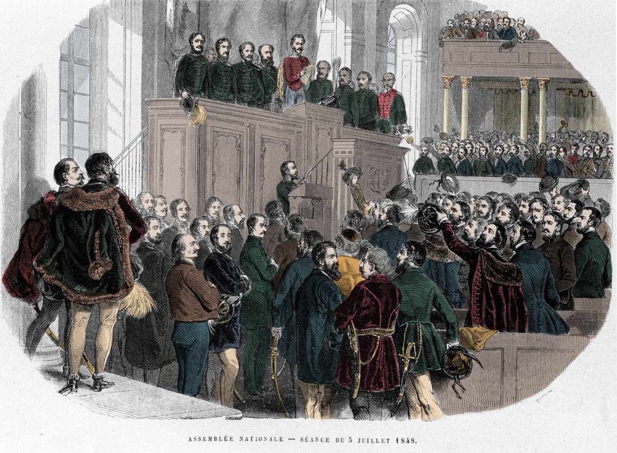 Maďarská revoluce 1848: První zasedání Národního shromáždění v Maďarsku dne 5. července 1848. Rytina v „Hungary Historique od J. Boldenyi Paris 1853““ od Unknown artist