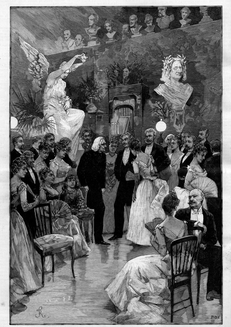 Maďarský skladatel a klavírista Franz Liszt (1811-1886) v Paříži při oslavě na jeho počest v dílně sochaře Cypriana Godebského (1835 - 1909). Gravírování v „“Le Monde slavný““ od Unknown artist