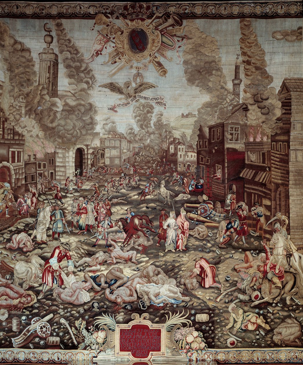 Maďarská conquete: „“ Rakušané berou Budín zpět od osmanských Turků 2. 9. 1686““ Budín je součástí dnešní Budapešti. Vojevůdci jsou Karel V. Lotrinský a Miksa Emanuel II. Násilné scény, požáry domů. Detail tapisérie. 17. ce od Unknown artist