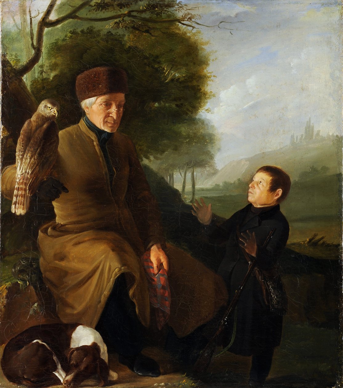 Lovec se sokolem. Portrét prince Platona Alexandroviče Zubova (1767-1822) a Ivana Andrejeviče Jakubovského (1770-1864), Anonym. Olej na plátně, Konec 1810, Státní muzeum architektury, historie a umění, Vladimir od Unknown artist