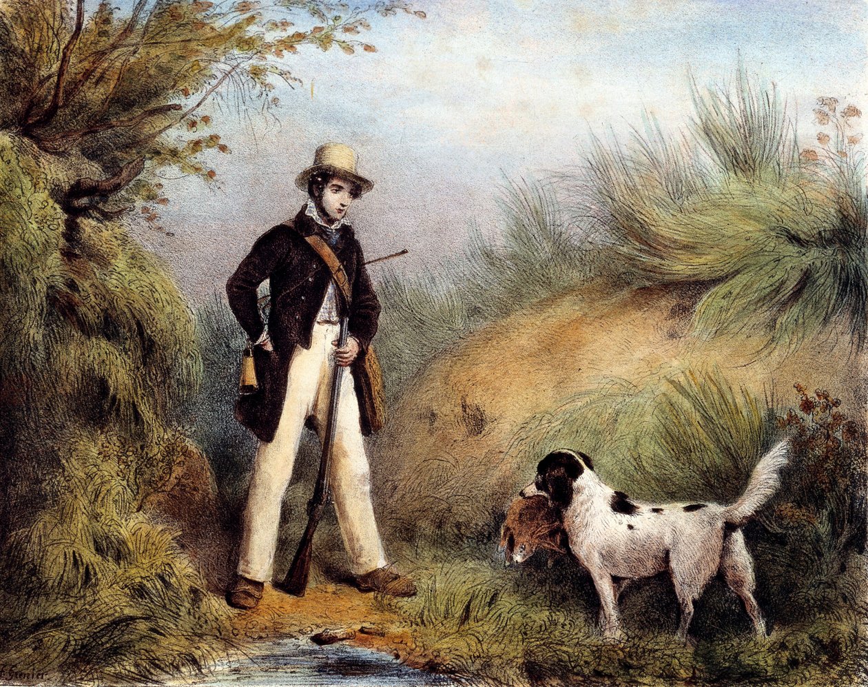 Lovec se svým psem. tisk z 19. století. Gien, lovecké muzeum od Unknown artist