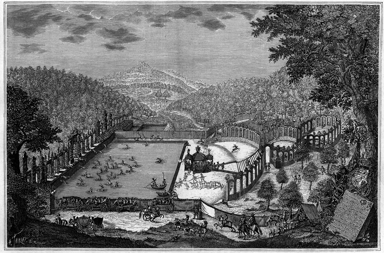 Lov v Německu v 18. století: hon na jelena u Leonbergu v roce 1748. (Z fotografie). Rytina v „“ La Nature: revue des sciences et de leurs applications aux arts et a l