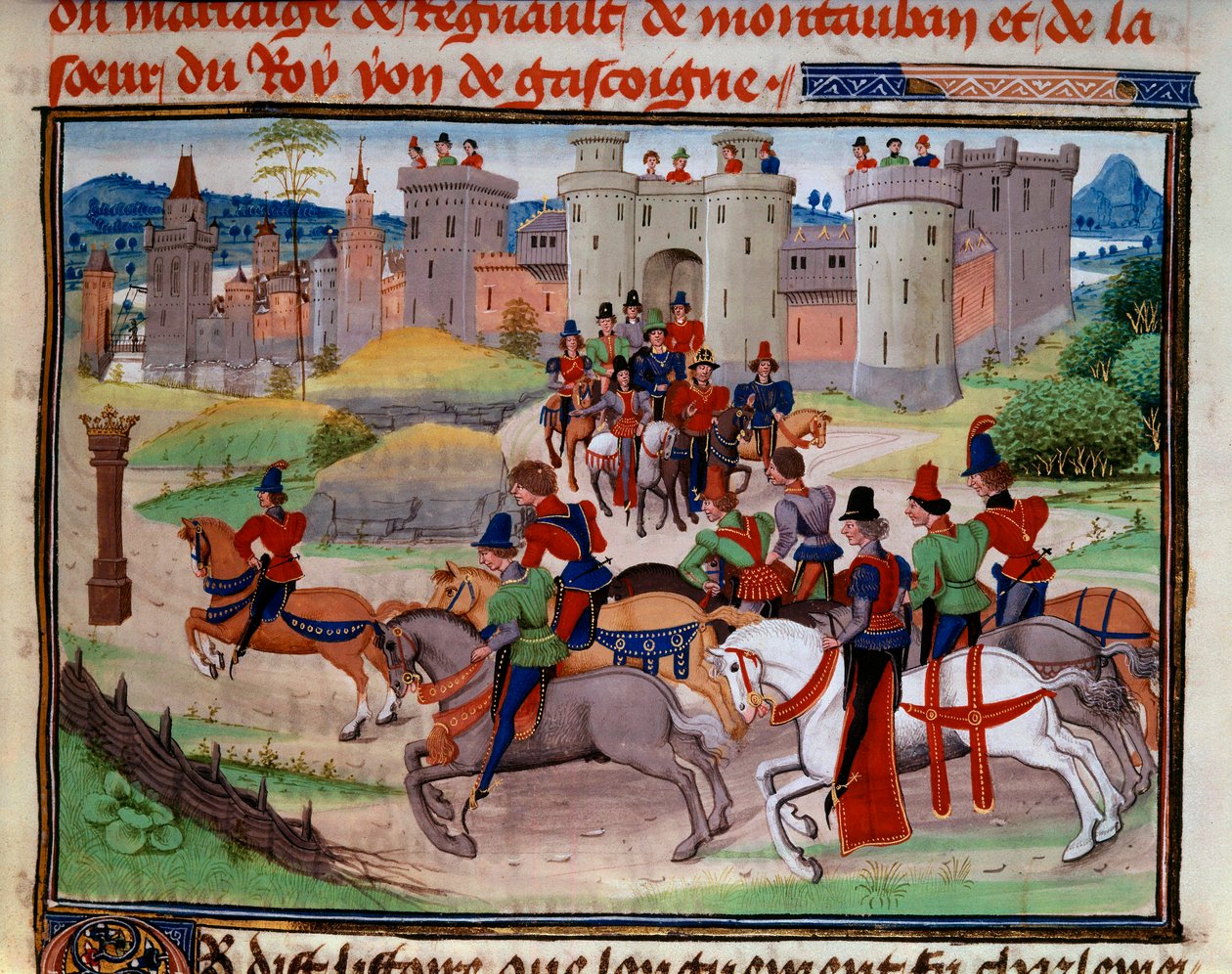 Lovecká scéna. Miniatura z rukopisu „Renaud de Montauban“ nebo „Les quatre fils Aymon“ od Loyseta Liedeta (aktivní mezi 1448 a 1478). Paní 5073. Bibliotheque de l