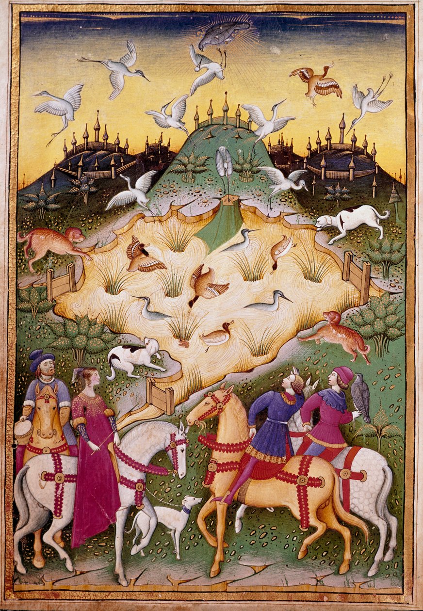 Lovecká scéna s jestřáby Miniatura z „“ Ošetřete sokolnictví a venery mottem a emblémem vévody ze Sforzy“ 1459 (ms. 1375) Chantilly, Musee Conde od Unknown artist