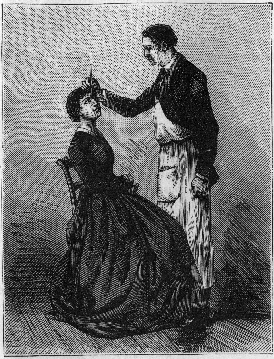 Jevy hypnózy: Hypnóza produkovaná upevněním držáku tužky mezi oči. Rytina z roku 1881. od Unknown artist