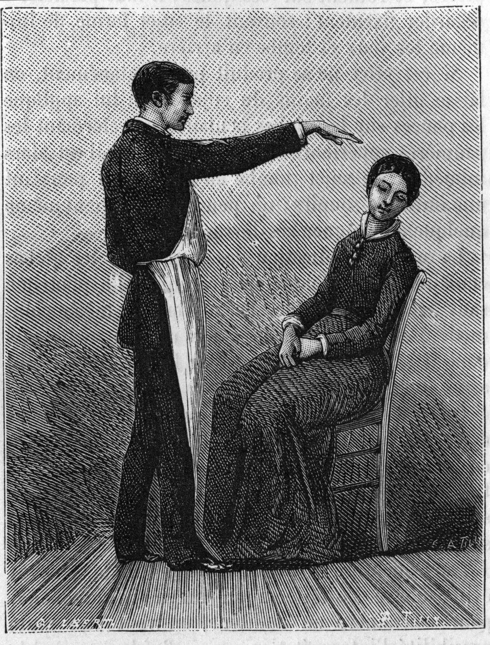 Jevy hypnózy: hypnóza vzniká náhlým natažením ruky před pacienta. Rytina z roku 1881. od Unknown artist