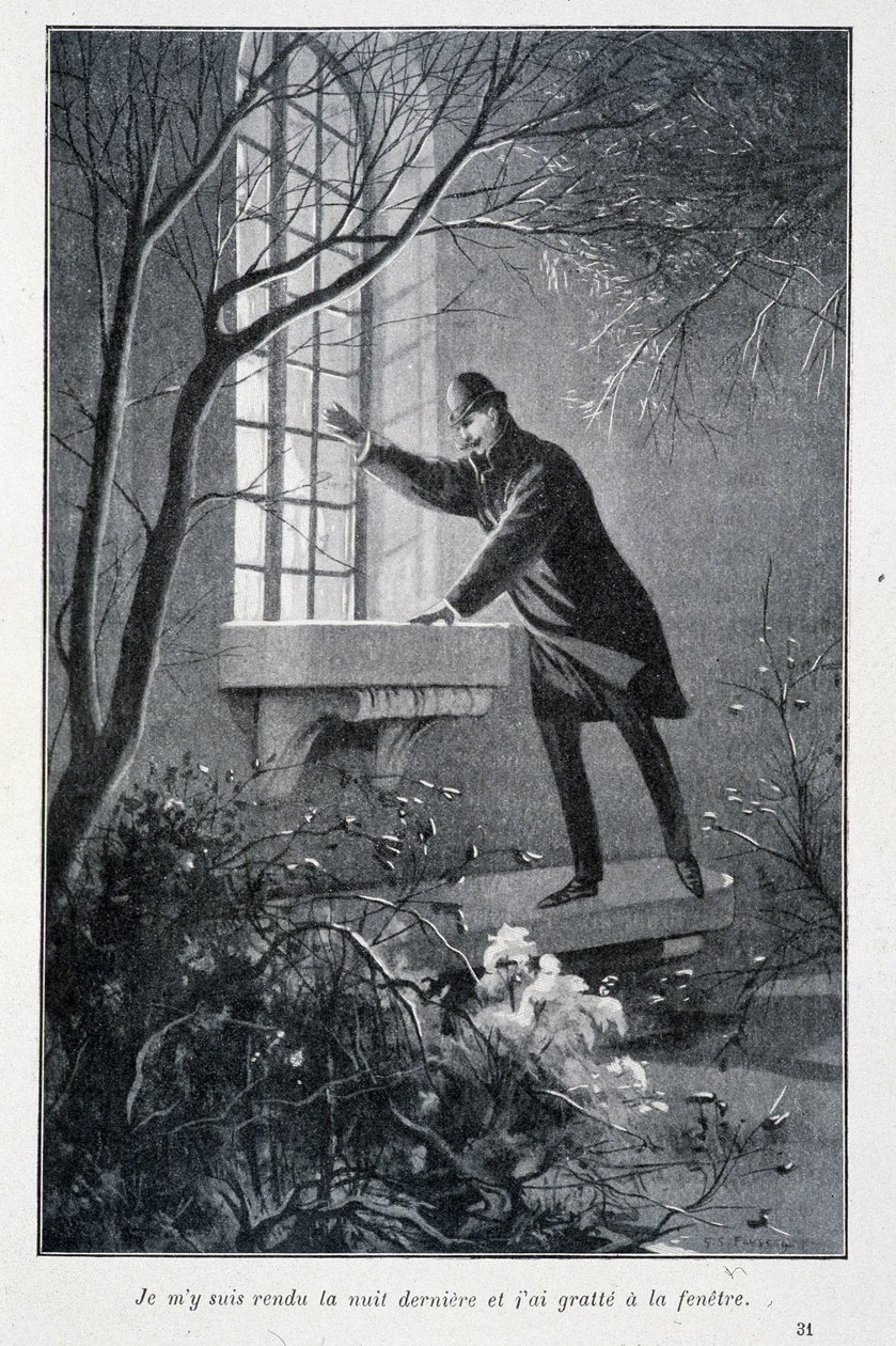 Včera v noci jsem šel a škrábal na okno, ilustrace ve filmu Conana Doyla „The Premiers Exploits of Sherlock Holmes“. Sd. asi 1890 od Unknown artist